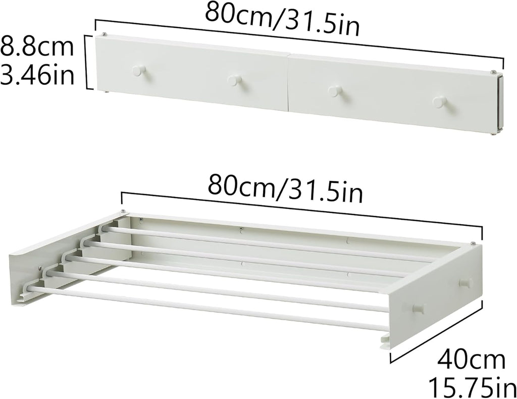 Clothes Drying Rack,Laundry Hanging Rack Collapsible,Wall Mounted Drying Rack for Laundry,Foldable Drying Rack Indoor Outdoor,31.5" Wide,5 Aluminum Rods with Hooks, 60 lb Capacity (White 31.5" Hooks)
