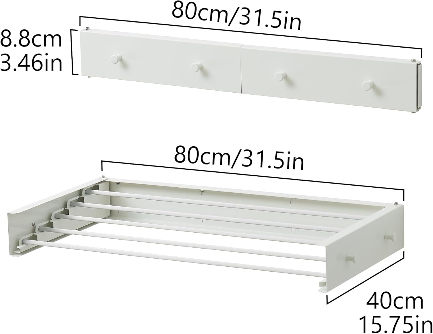 Clothes Drying Rack,Laundry Hanging Rack Collapsible,Wall Mounted Drying Rack for Laundry,Foldable Drying Rack Indoor Outdoor,31.5" Wide,5 Aluminum Rods with Hooks, 60 lb Capacity (White 31.5" Hooks)