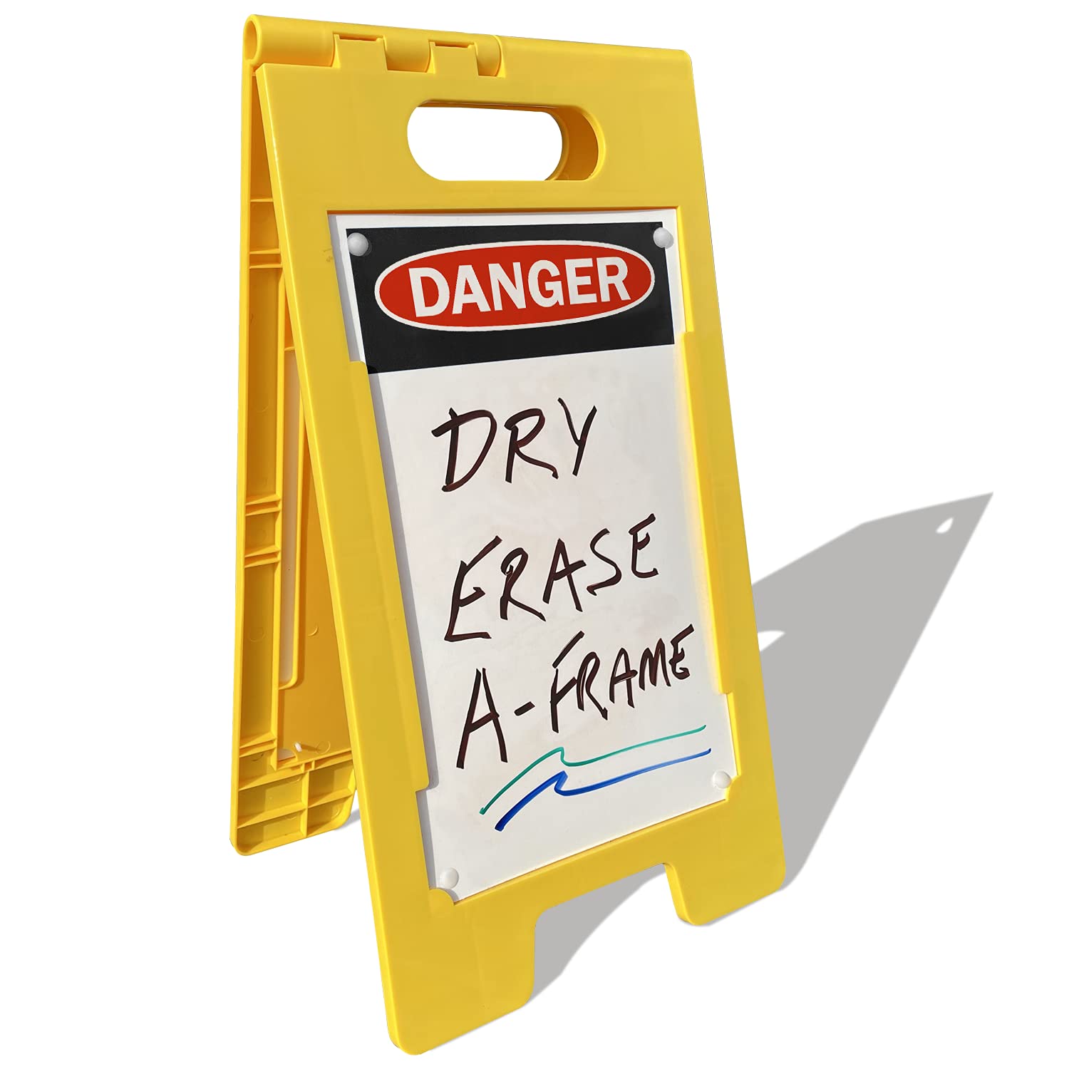 SmartSign 25 x 12 inch “Danger” Dry Erase Two-Sided Folding Floor Sign, Write-On, Portable and Lightweight A-Frame, Easy Grip Handle, Plastic, Multicolor, Made in USA