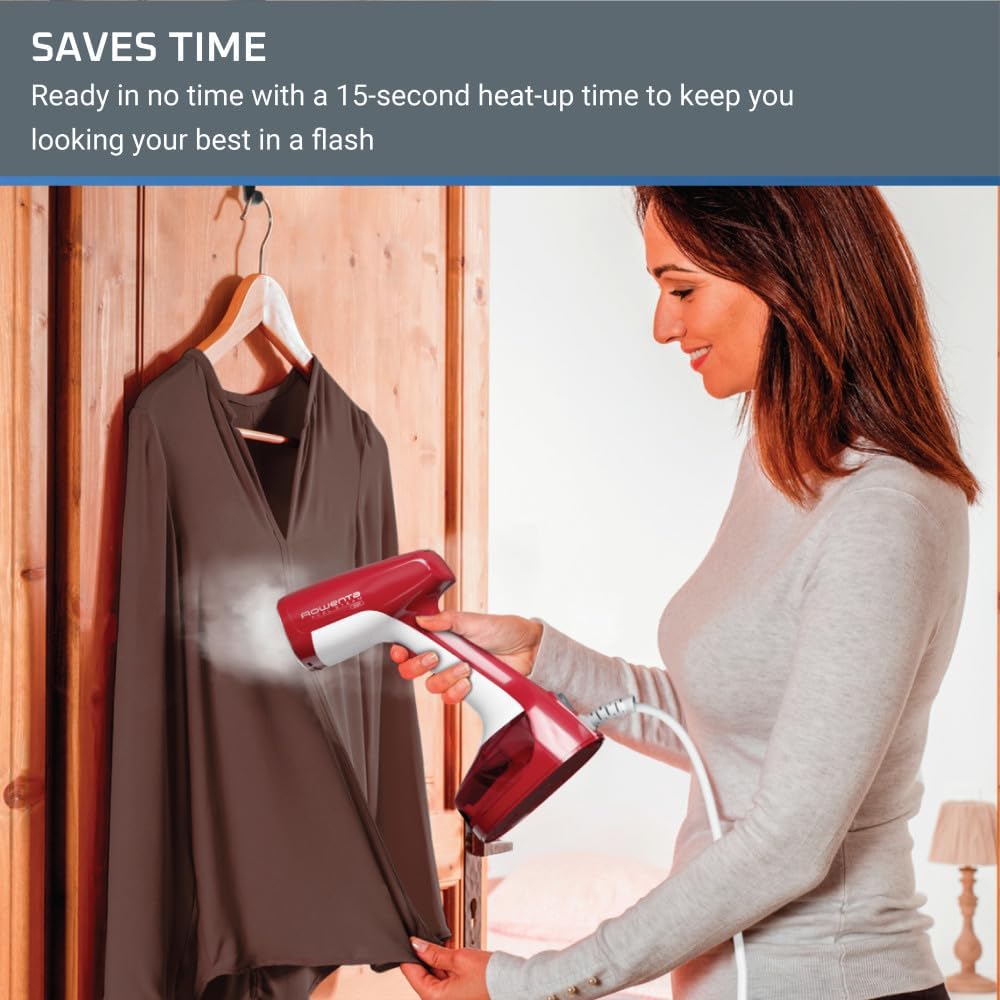 Rowenta, Steamer for Clothes, X-Cel Easy Steam Handheld Steamer, 15 Second Heatup, 5 Ounce Capacity, 1400 Watts, Portable, Travel Must Have, Red Clothes Steamer, DR7112