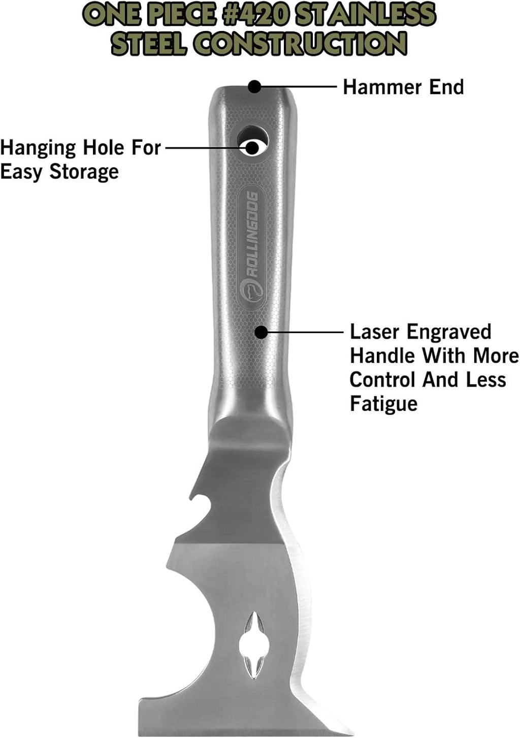 ROLLINGDOG 10 in 1 Painter's Tool - Stainless Steel Mirror Polished One Piece Blade And Laser Engraved Handle,3 inch Multifunction Putty Knife Drywall Paint Scraper