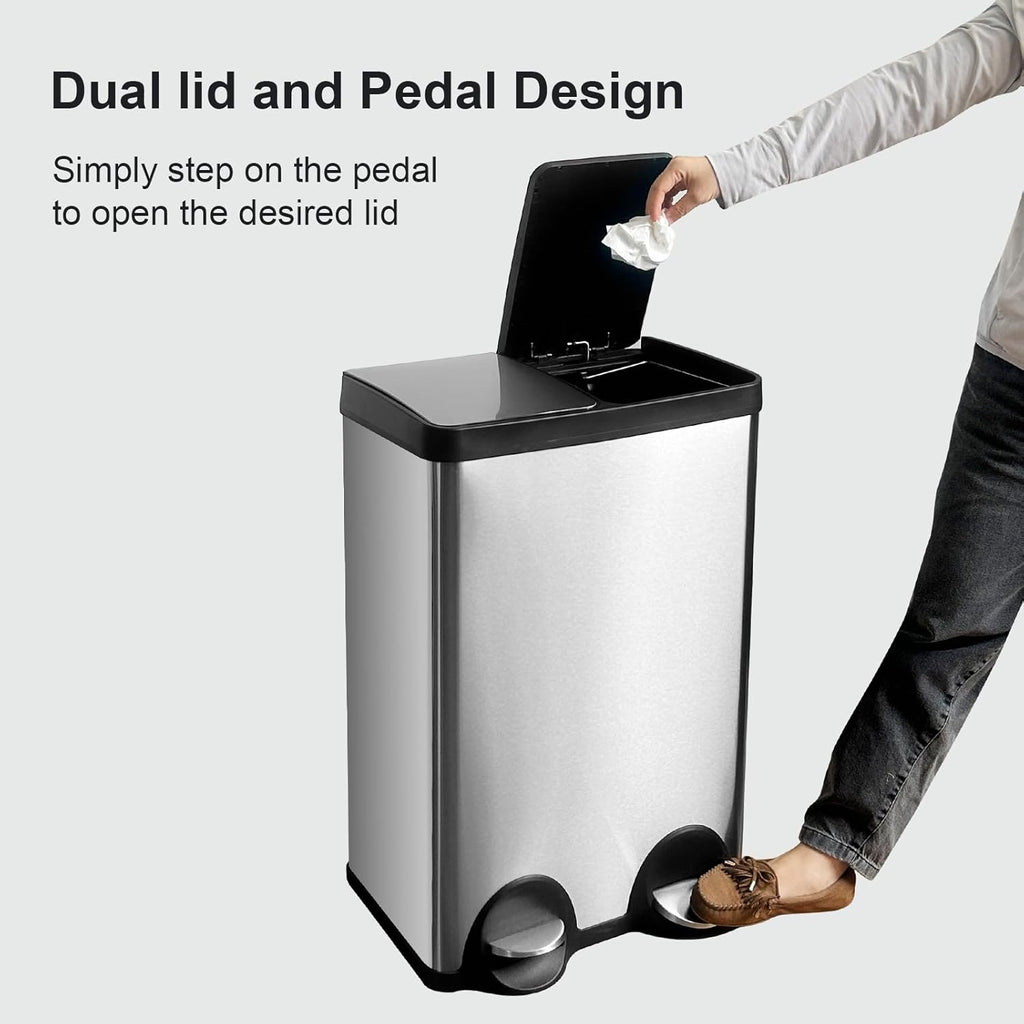 Dual Trash Can, 60 Liter/16 Gallon Dual Bin Trash Can with Lids, Trash and Recycling Bin Combo, Hands-Free Stainless Steel Kitchen Garbage Can, Silver Recycling Waste Bin for Home, Office