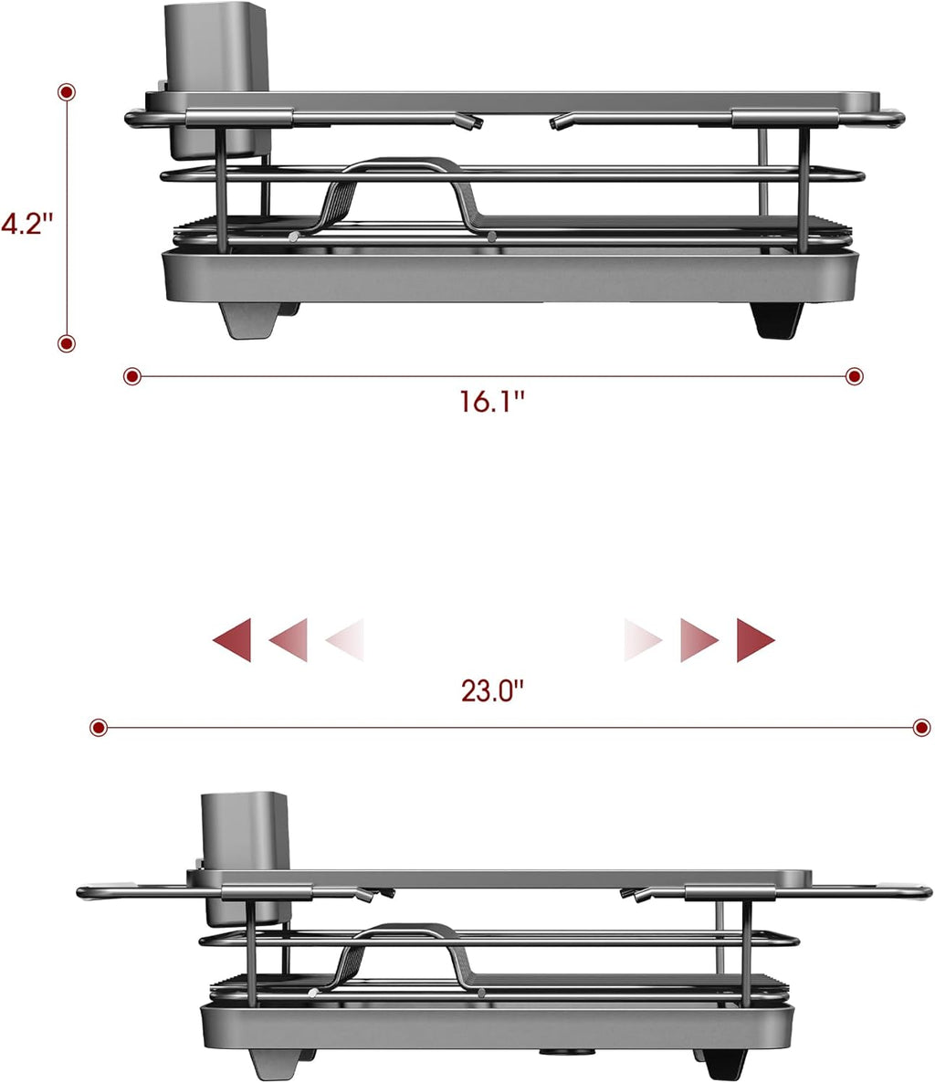 Stainless Steel Dish Drying Rack for Kitchen Counter, Sink Organization and Storage Essentials with Silverware & Utensil Holder, Home and Apartment Decor, 12" W x 16.1~23" L, Silver