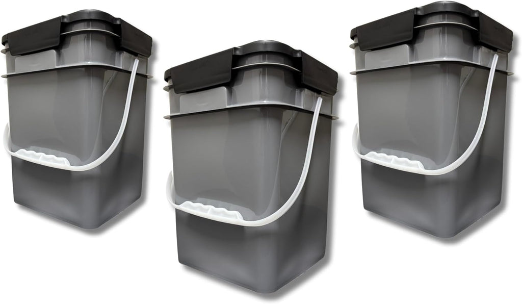 House Naturals 4 Gallon Square Food Grade Bucket Pail with Plastic Handles and Lid (Pack of 3) Made in USA containers (Gray)