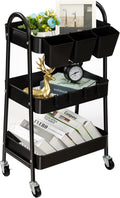 danpinera 3-Tier Rolling Cart, Metal Rolling Storage Cart with Lockable Wheels & Hanging Cups & Hooks, Mobile Trolley Cart for Kitchen, Bathroom, Office, Workshop, Black