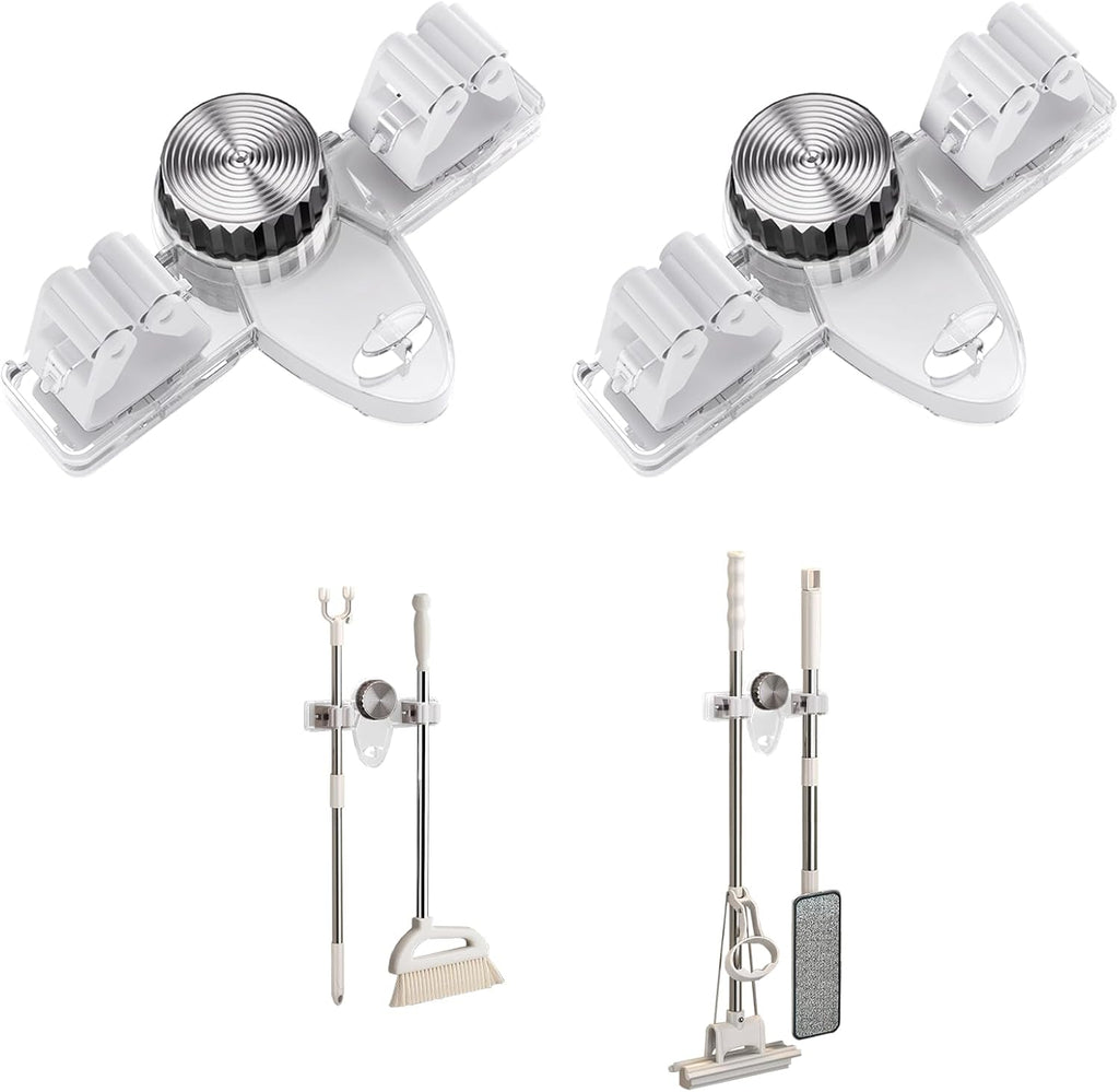 Mop and Broom Holder Wall Mount, No Punching Required Broom and Mop Organizer Wall Hanging with Hooks for Bathroom, Laundry Room, Garage, Kitchen,Garden Tool Organizer Storage (2pcs Transparent)