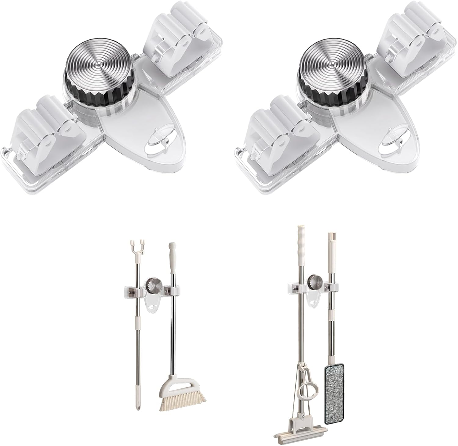 Mop and Broom Holder Wall Mount, No Punching Required Broom and Mop Organizer Wall Hanging with Hooks for Bathroom, Laundry Room, Garage, Kitchen,Garden Tool Organizer Storage (2pcs Transparent)