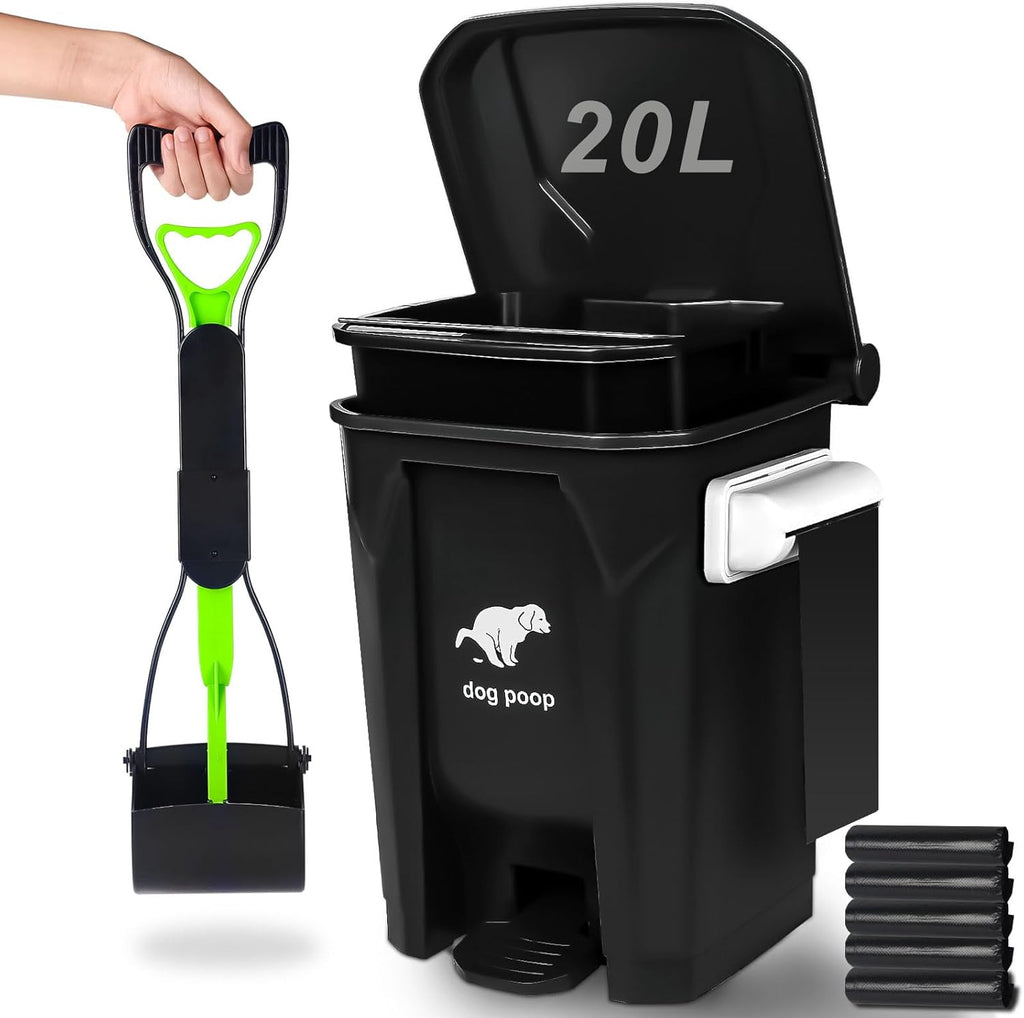 Dog Poop Trash Can Outside with Foldable Pooper Scooper, 20L/5Gallon Dog Waste Trash Can with Lid and 100 Bags, Pedal and Removable Inner Waste Bin, Black