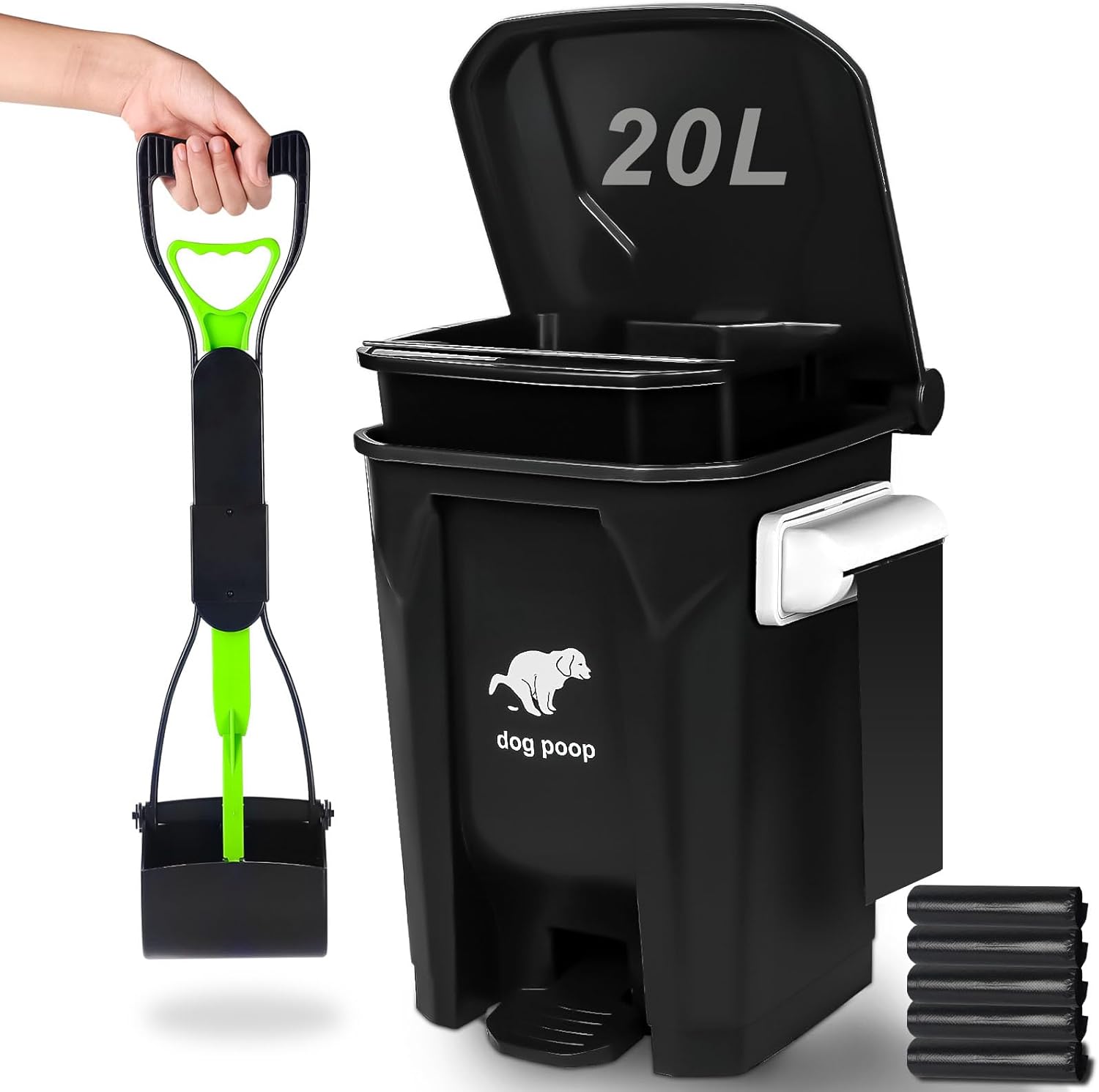 Dog Poop Trash Can Outside with Foldable Pooper Scooper, 20L/5Gallon Dog Waste Trash Can with Lid and 100 Bags, Pedal and Removable Inner Waste Bin, Black