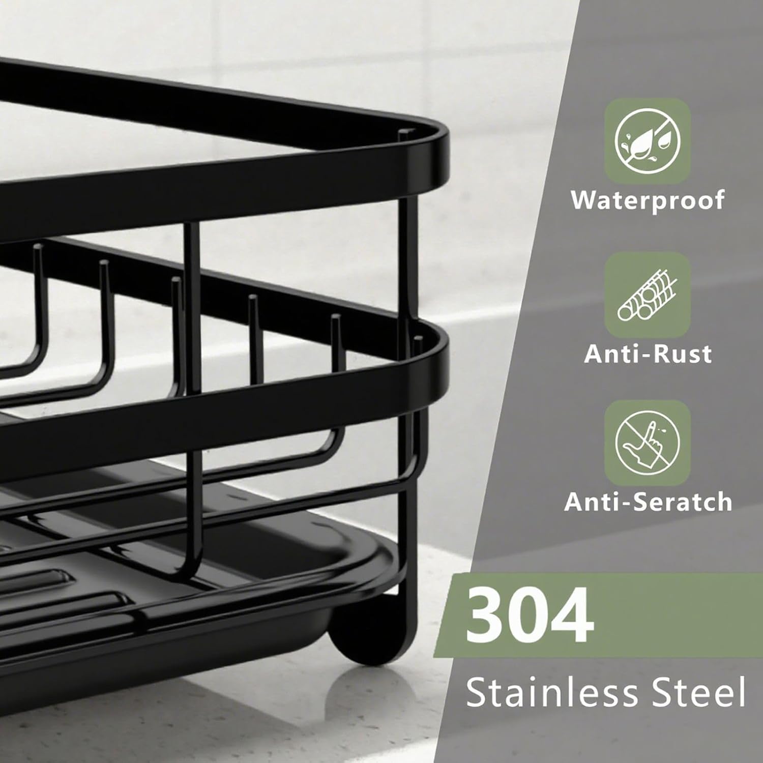 Dish Drying Rack Stainless Steel Drying Racks for Kitchen Counter Large Capacity Storage Racks with Drainboard Curlery Holder Black