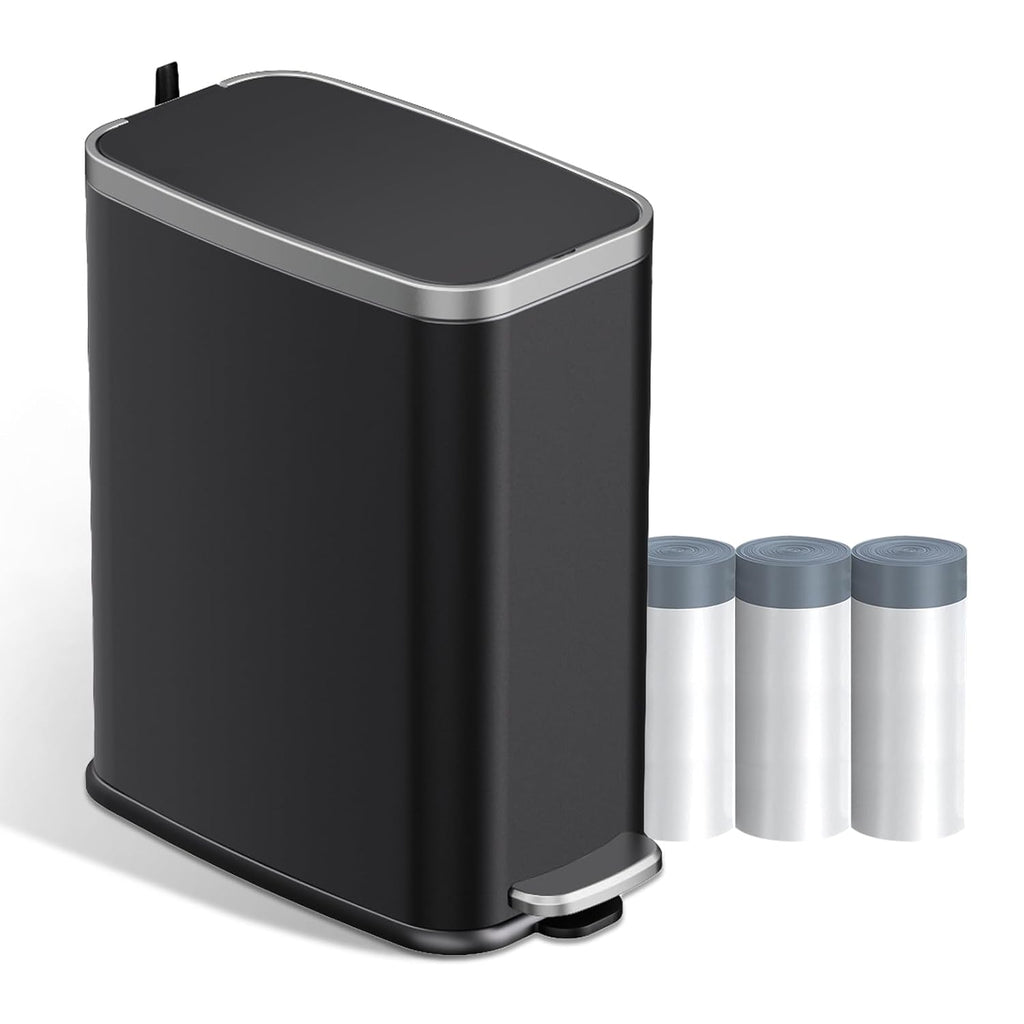 Stainless Steel Bathroom Trash Can with Lid Soft Close,1.6 Gallon Slim Garbage can,Small Metal Step Wastebasket for Office, Bedroom, Toilet, Black