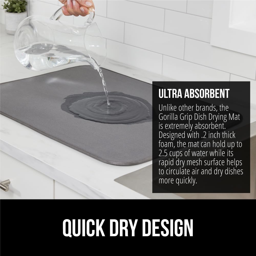 GORILLA GRIP Ultra Water Absorbent Microfiber Dish Drying Mat, 18x24, Quick Dry Thick Mesh, Slip Resistant Pad for Sink Dishes or Under Rack, Kitchen Counter Accessories, Machine Wash, 2 Pack Gray