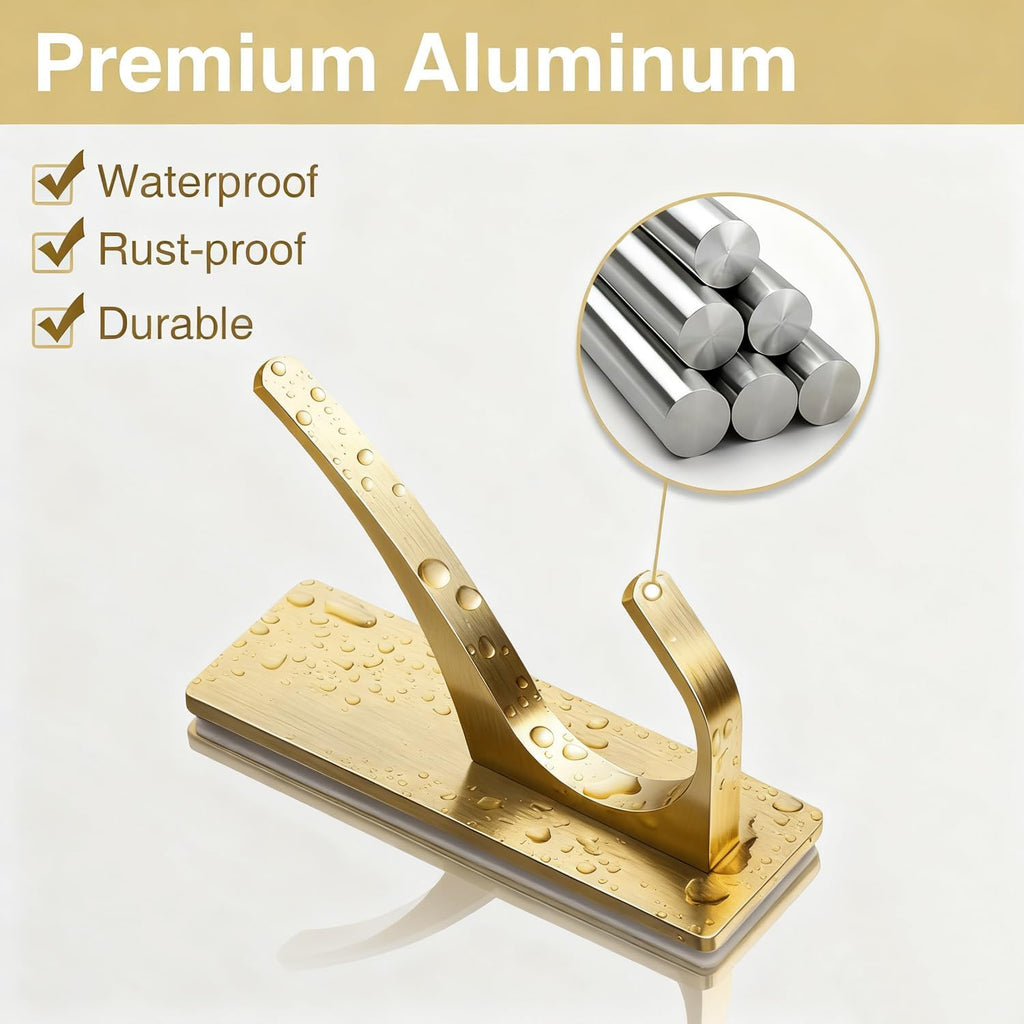 pickpiff Self Adhesive Coat Hooks for Hanging, Heavy Duty Stainless Double Wall Hook for Towel, Backpack, Hat, Sturdy Metal Hanger for Bathroom, Bedroom, Door, Wall Mounted, 6-Pack, Brushed Gold