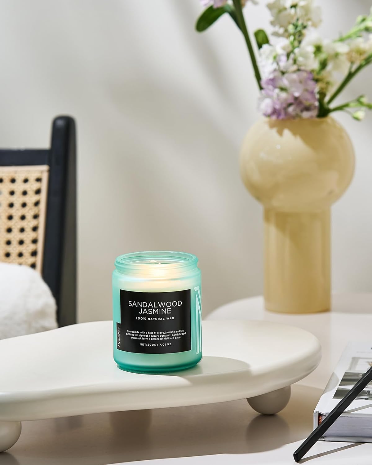M&SENSE Sandalwood Jasmine Scented Candles, Natural Soy Wax Best Smelling Candle 7.05oz 50 Hour Burning，Floral Non Toxic Single Cotton Wick Aromatherapy Gifts for Women Friend