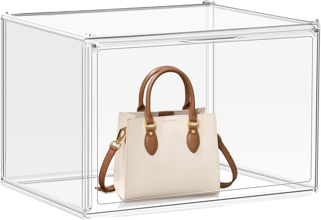 1Pack Clear Stackable Plastic Storage Bins with Magnetic Lid, X-Large Acrylic Display Cases for Book Cosmetic Figures Collectibles Showcase, Shoe Box, Bag Organizer
