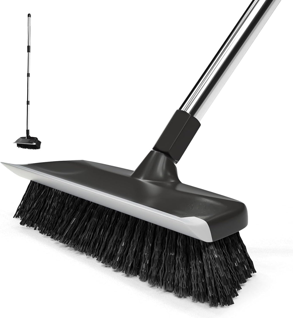 ITTAR Scrub Brush with Long Handle, 10" Wide Stiff Bristles Deck Brush, Heavy-Duty Floor Cleaning Brush, 2-in-1 Scrubber Squeegee Broom for Cleaning Patio, Pool, Kitchen, Garage, Bathroom Floor-Black