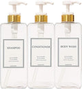 Modern Gold Design Large 27 oz Shampoo and Conditioner Dispensers - Empty Plastic Refillable Pump Bottle Set for Bathroom Shower Soap Dispenser, Set of 3 (Clear & White)