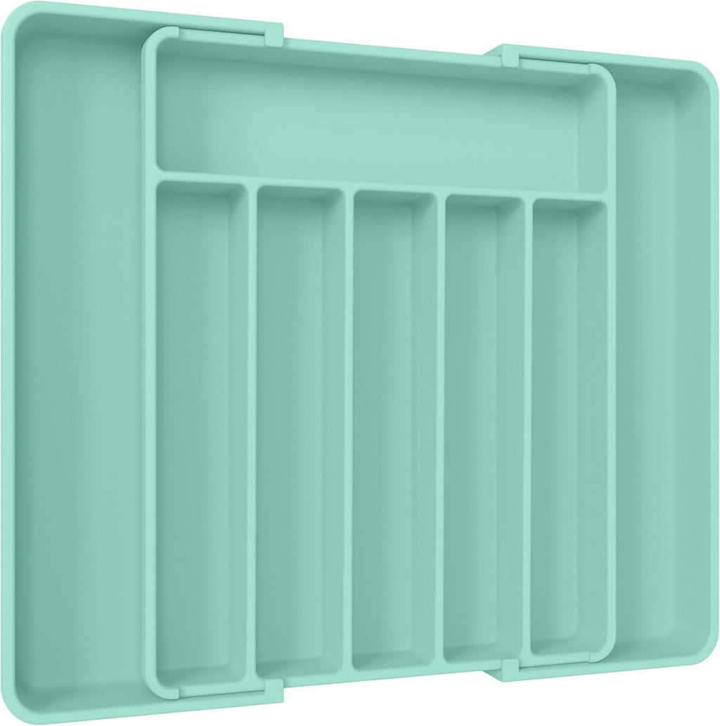 Aujen Silverware Organizer - Expandable Kitchen Drawer Organizer, Adjustable Utensil Organizer, Cutlery Tray for Forks, Knives, Multipurpose Kitchen Organizers and Storage Solution, Green, Large