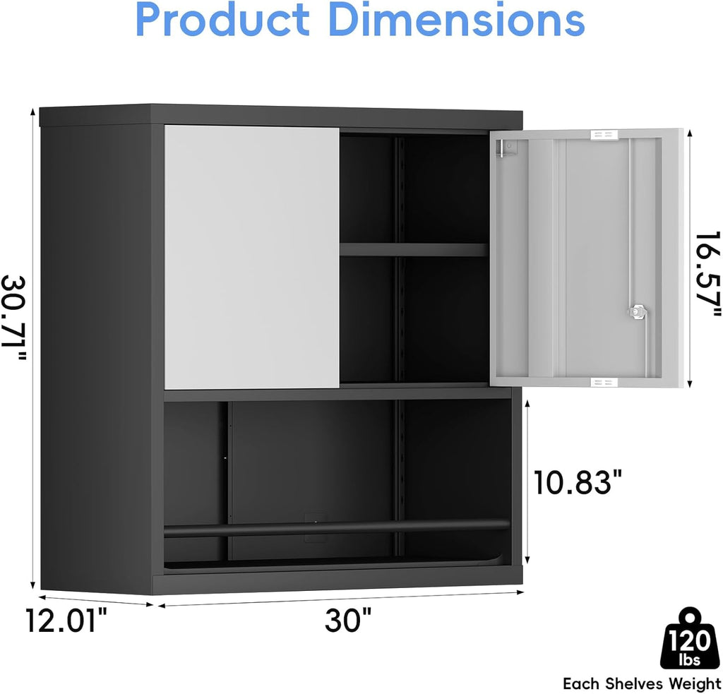 Metal Garage Cabinets, Lockable Storage Cabinet, Metal Cabinet with Open Storage, Upper Tool Cabinet for Basement, Wall Mounted Cabinets for Shop