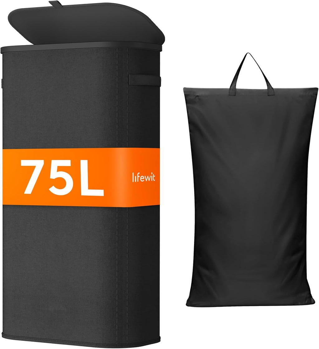 Lifewit 75L Slim Laundry Basket with Lid, Narrow Large Laundry Hamper with Plastic Handles and Removable Bag, Tall Foldable Dirty Clothes Hampers for Laundry Room, Bedroom, Bathroom, Dorm, Black