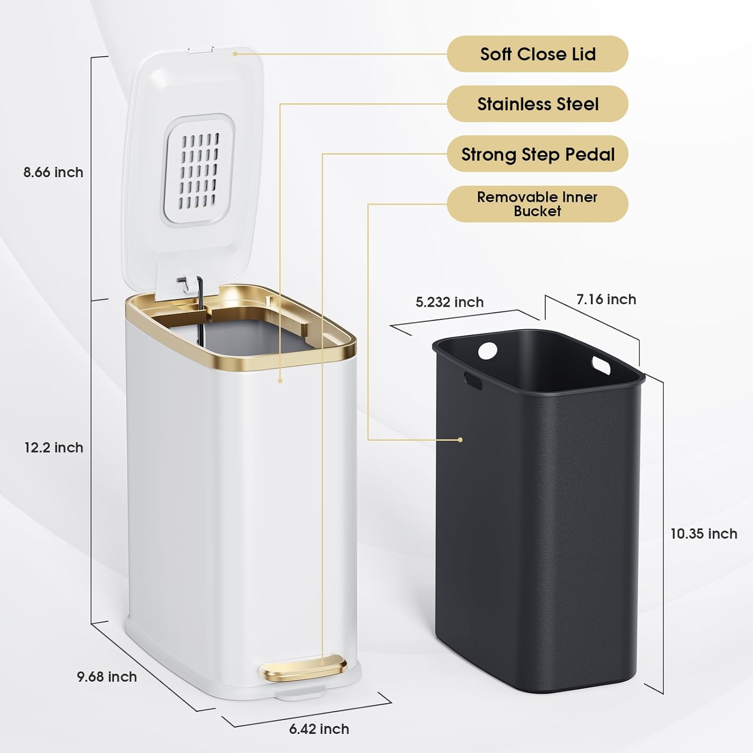 CEROELDA Small Bathroom Trash Can with Lid Soft Close-5L/1.3 Gal Slim Garbage Can-Metal Step Wastebasket-Rectangle Narrow Waste Bin for Office, Bedroom, Toilet, Live Room (White)