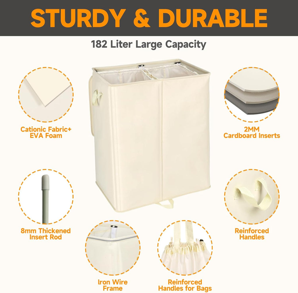182L Oversized Laundry Hamper 2 Section with Lid and Removable Bags,Double Laundry Basket 30in Dirty Clothes Hamper 2 Dividers for Bedroom,Laundry Room,Bathroom,Dorm Beige White