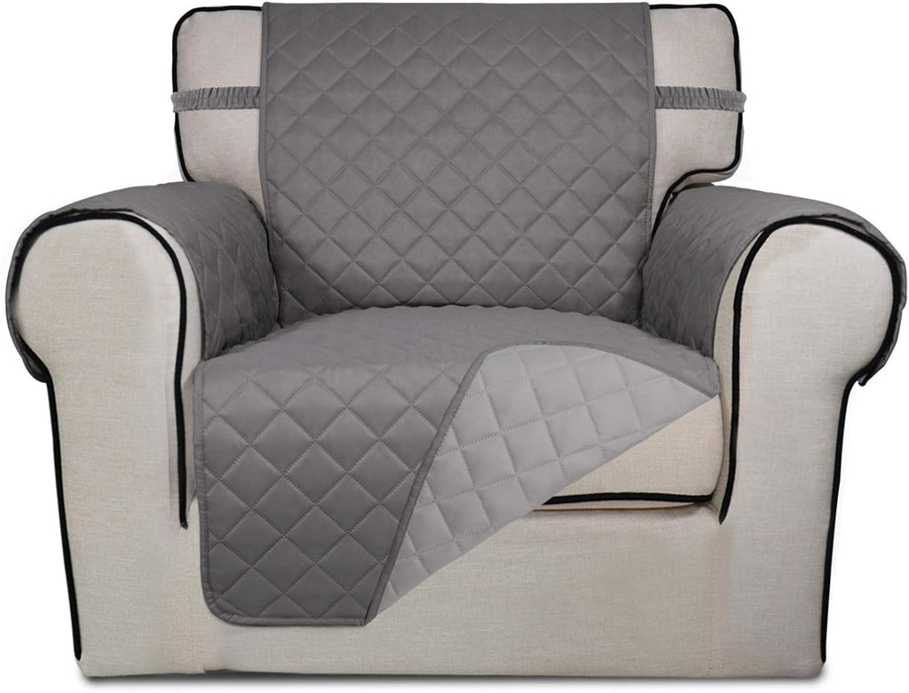 PureFit Reversible Quilted Sofa Cover, Water Resistant Slipcover Furniture Protector, Washable Couch Cover with Non Slip Foam and Elastic Straps for Kids, Dogs, Pets (Chair, Gray/Light Gray) Small