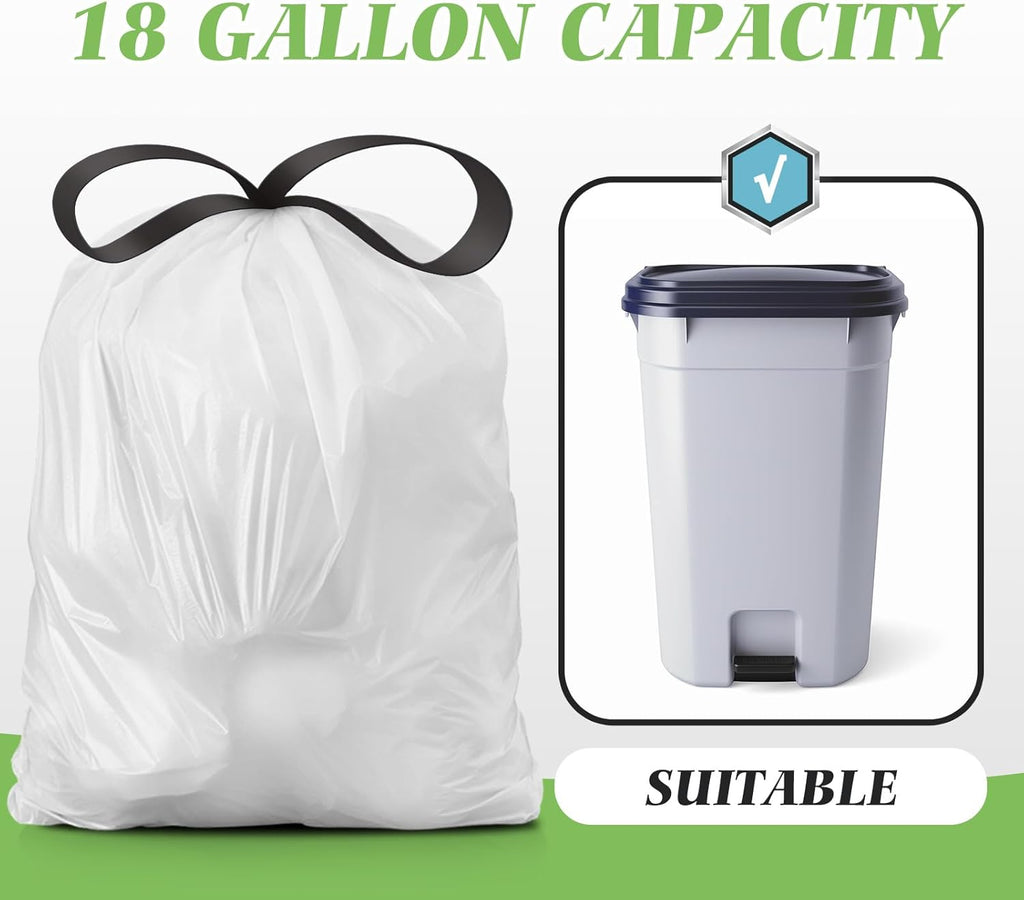Drawstring Trash Bags-18 Gallon 120 Counts (fit 16-18 Gal) Large Strong Tall Kitchen Trash Bags by Teivio Garbage Bags for Home/Office/Light Residential Waste/Outdoor Trash Can, Lawn Bag White