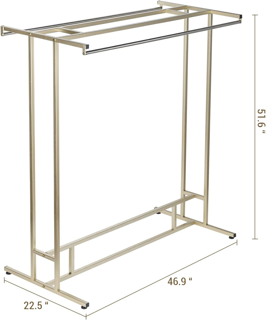 MyGift 4ft Tall Brass Tone Stainless Steel Freestanding Garment Rack, Heavy Duty Double Rod Clothes Closet Stand, Coat Dress Clothing Storage Display Shelf