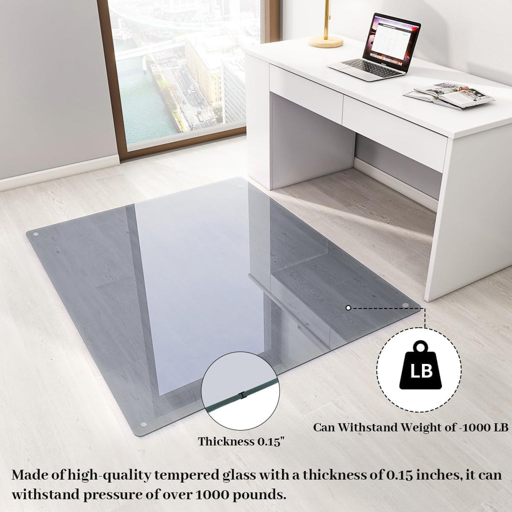 [Tempered Glass] 46" x 55" Glass Chair Mat, Heavy Duty Hard Tempered Glass Mat with Round Corner and Polished Edge, Transparent Glass Office Chair Mat for Office and Home Hard Floor or Carpeted, Grey