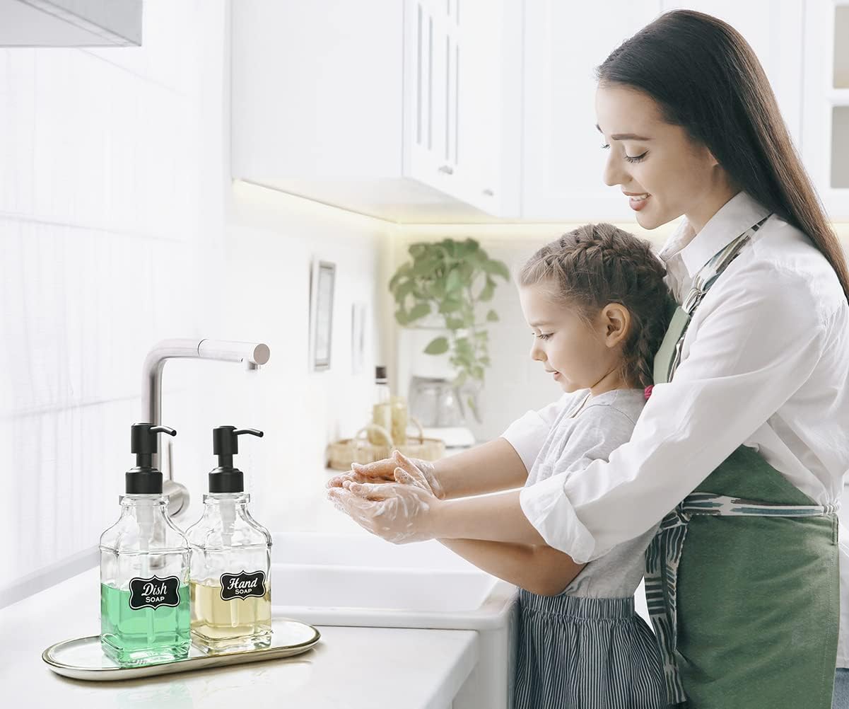 JASAI 2Pack Soap Dispenser with Rustproof Black Stain 304 Stainless Steel Pump, Stylish Hand soap Dispenser with 10Pcs Stickers, Refillable Glass Soap Dispenser for Kitchen & Bathroom.