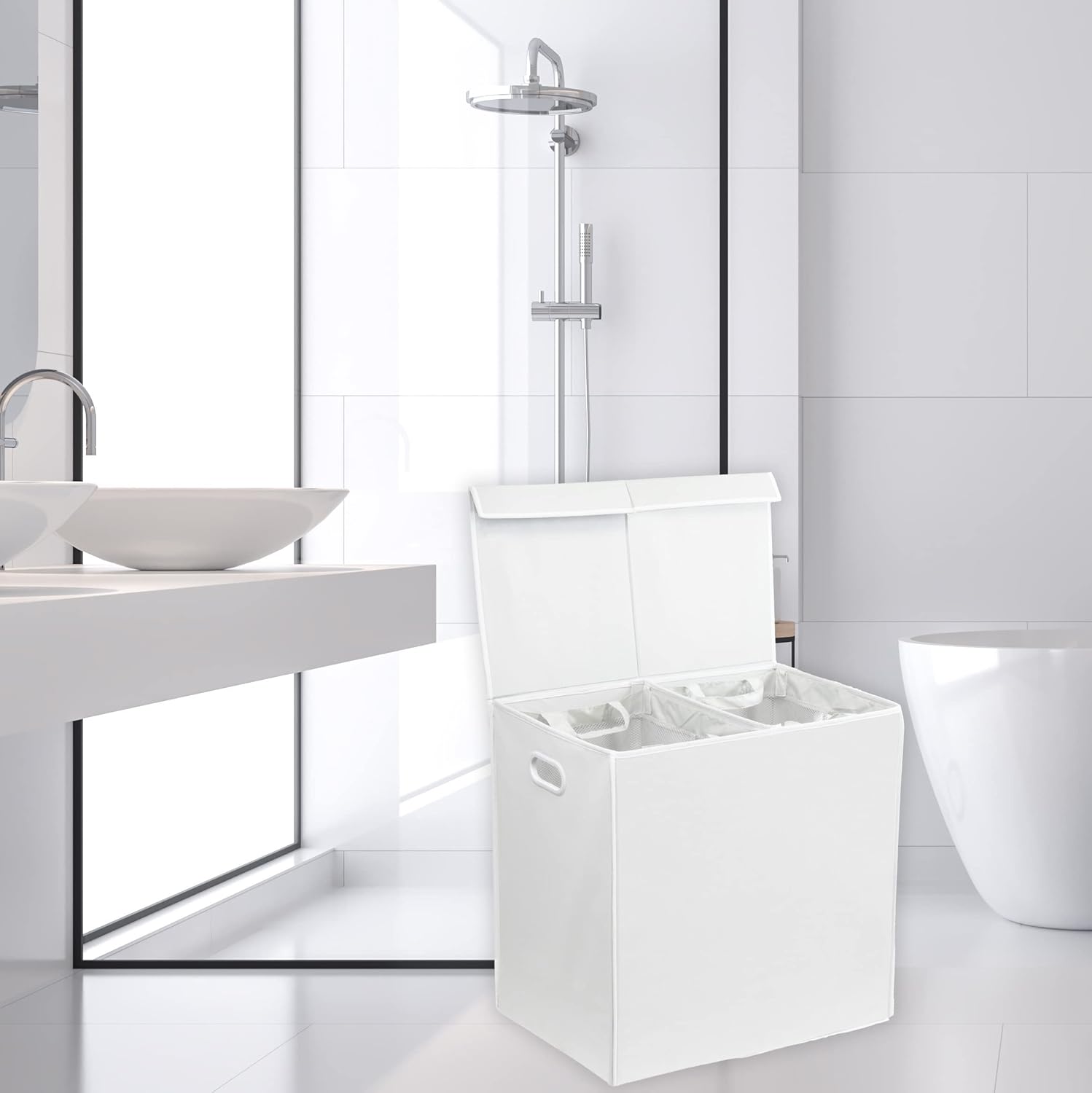 Simple Houseware Double Laundry Hamper with Lid and Removable Bags, White