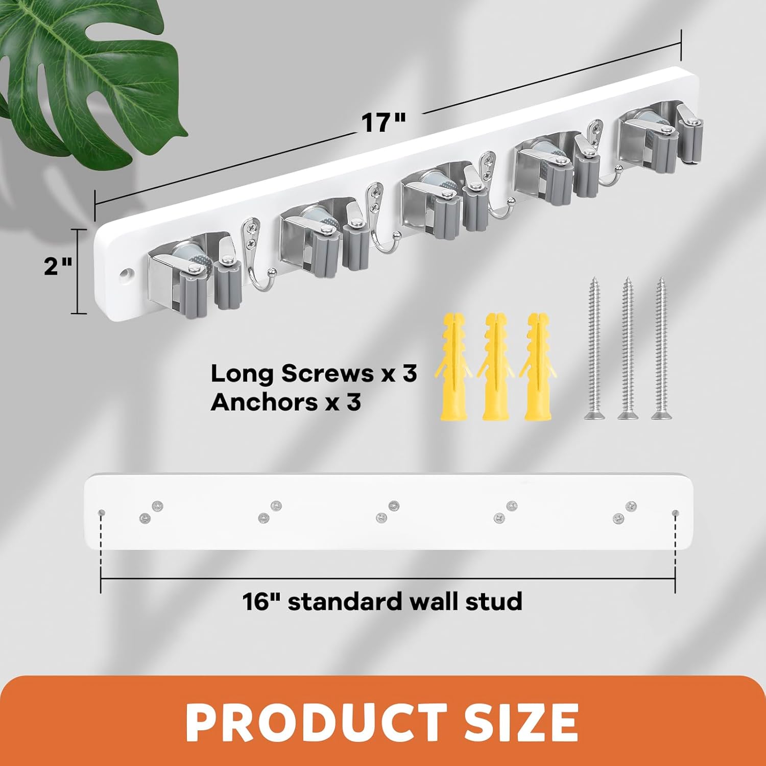 IMILLET Broom Holder Wall Mount, Wood Broom Holder with 5 Racks and 4 Hooks Broom Organizer, Laundry Room Organization and Storage, Mop Hanger for Home Organization, Garden, Garage, Closet (White)