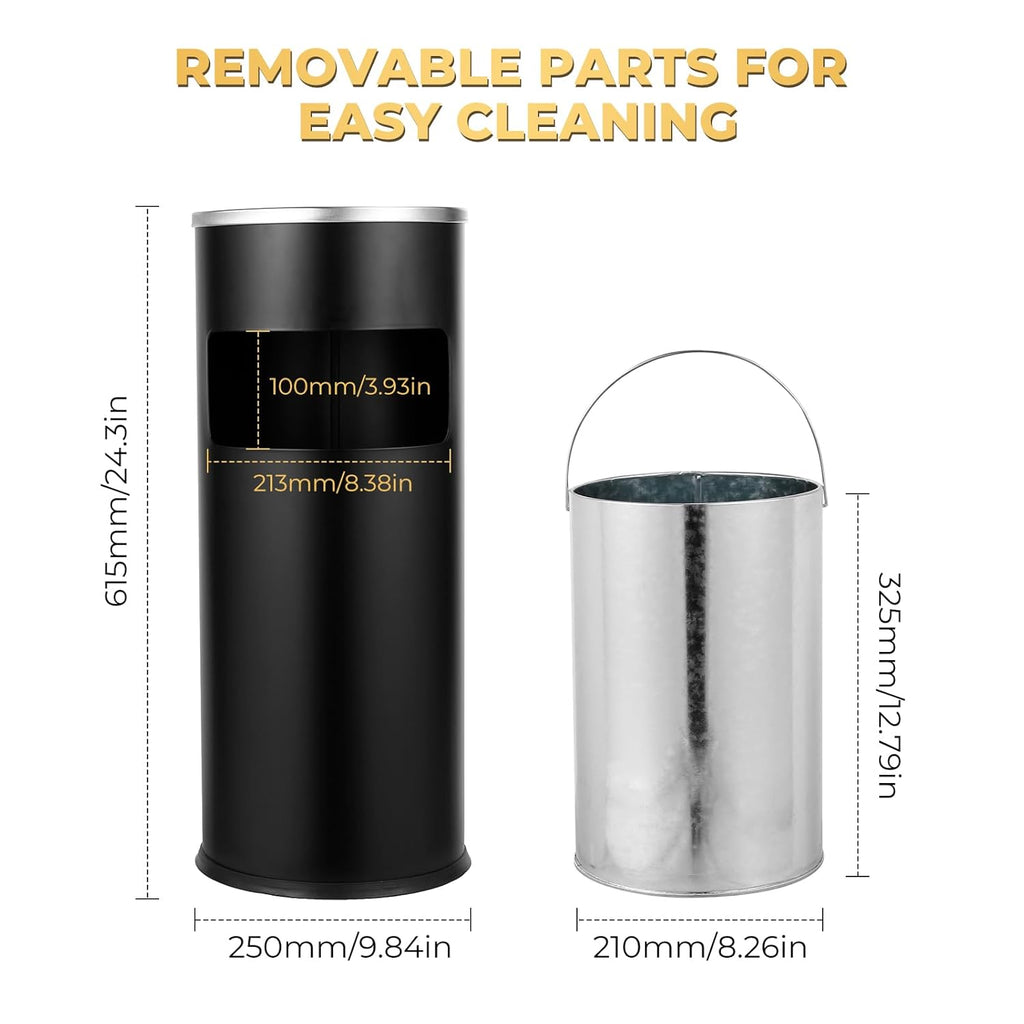 Trash Can Outdoor Waste Container Round Stainless Steel Trash Can with Removable Inner Bucket for Disposal Commercial Waste Container with Hollow Tray 9.8‘’ x 24‘’-Black