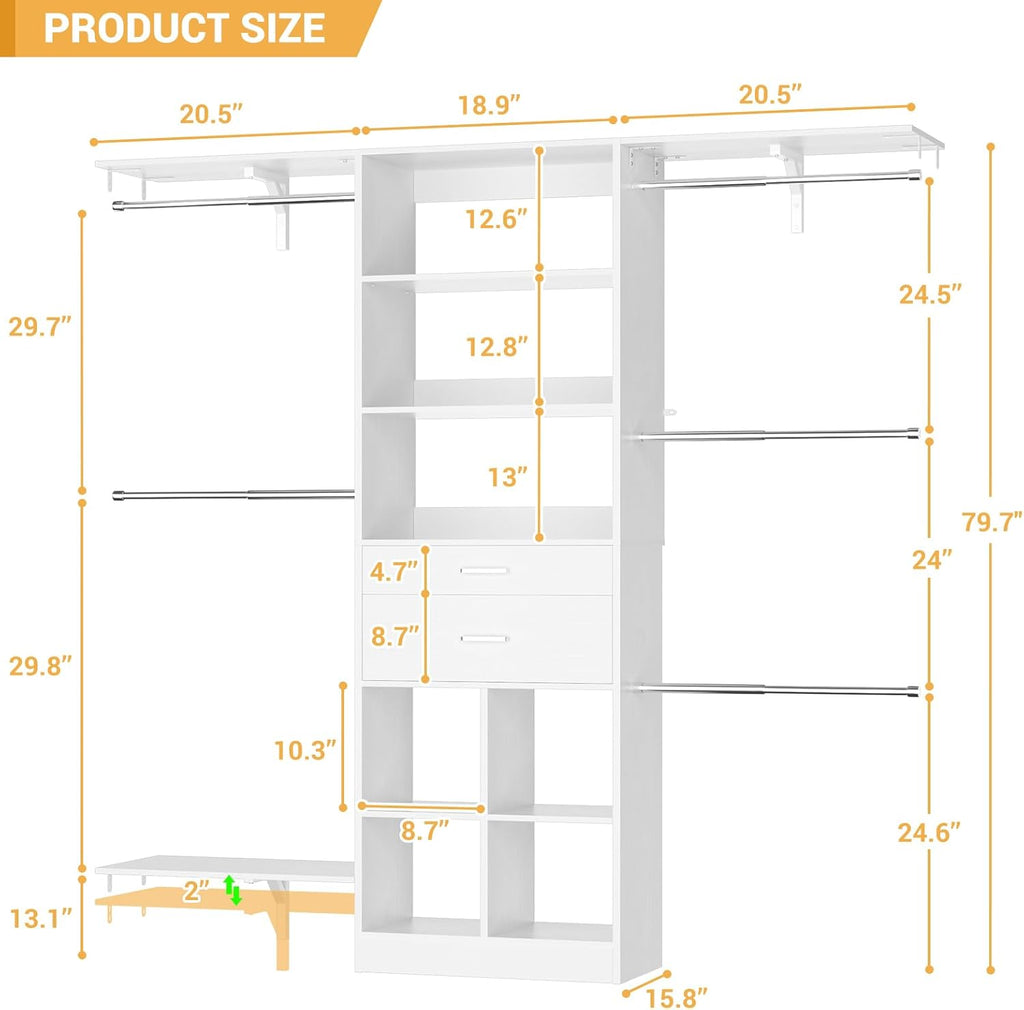 5FT Small Closet System, Baby Closet Organizer System with Wooden Drawers, 60 Inches Walk In Closet System With 5 Hanging Rods and 3 Reversible Hanging Shelving, White