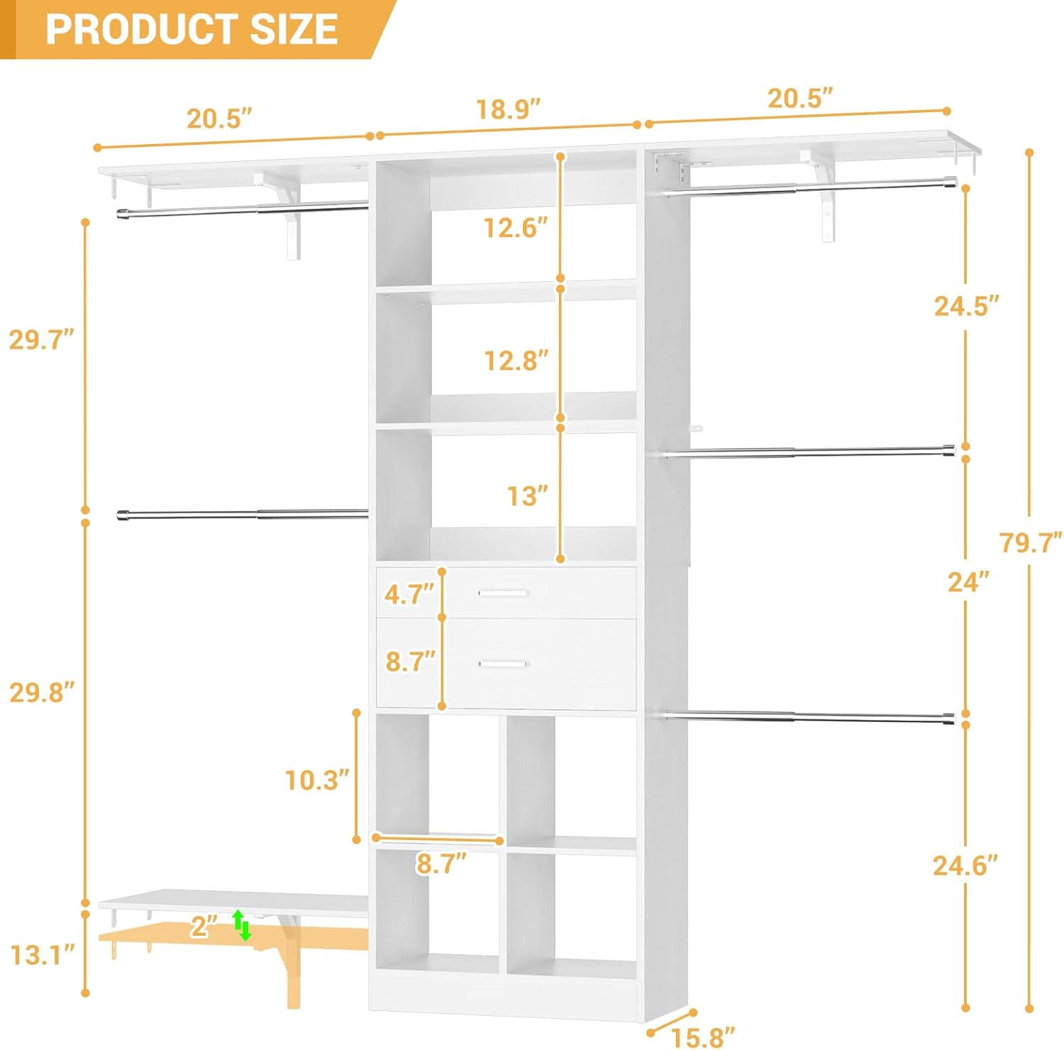 5FT Small Closet System, Baby Closet Organizer System with Wooden Drawers, 60 Inches Walk In Closet System With 5 Hanging Rods and 3 Reversible Hanging Shelving, White