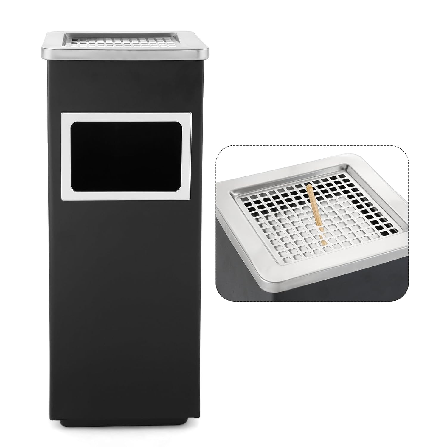 Trash Can Outdoor Waste Container Square Stainless Steel Trash Can with Removable Inner Bucket for Disposal Commercial Waste Container 9.45‘’ x 9.45‘’ x 24.02‘’-Black