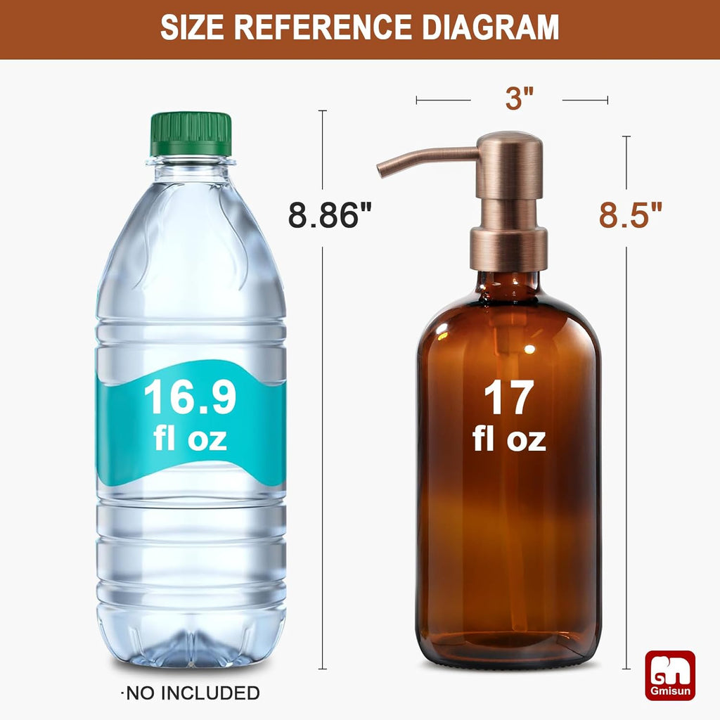 GMISUN Amber Glass Soap Dispenser, 2 Pack Bathroom Hand Soap Dispensers with Rose Gold Pump, 17 Fl Oz Kitchen Hand and Dish Soap Dispenser Set, Modern Vintage Liquid Brown Soap Dispensers Bottle