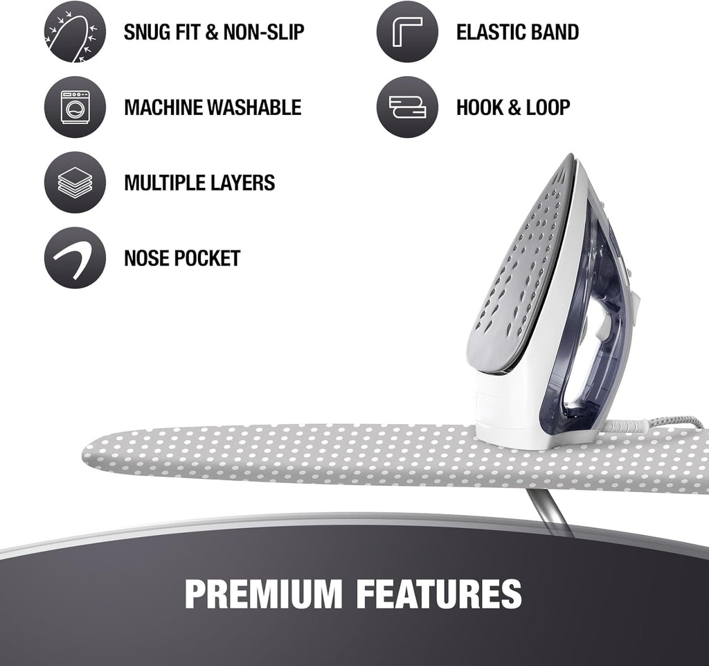 Extra Thick Ironing Board Covers with Pad Standard Size 15x54, Heat Reflective Full Scorch Resistant Padding, Snug Fit Non-Slip Nose Pocket Fastener Straps Elastic Edges, Gray Spotted