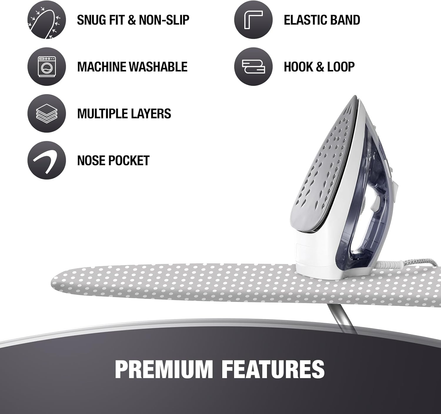 Extra Thick Ironing Board Covers with Pad Standard Size 15x54, Heat Reflective Full Scorch Resistant Padding, Snug Fit Non-Slip Nose Pocket Fastener Straps Elastic Edges, Gray Spotted