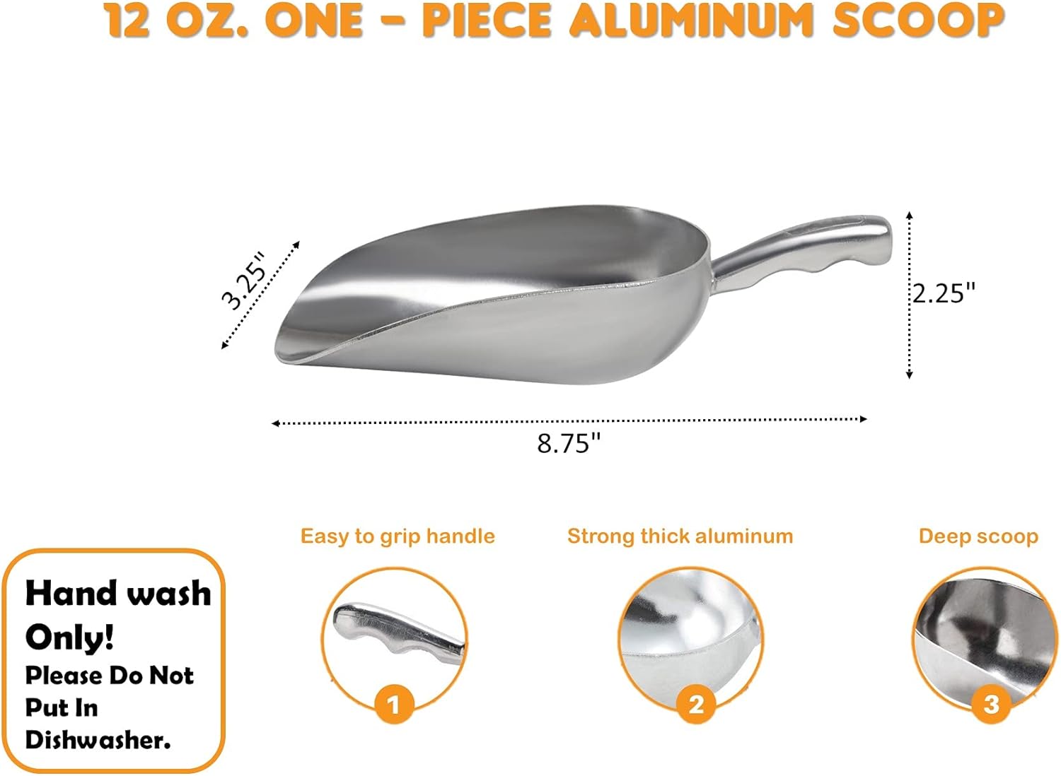 Cast Aluminum Utility Scoop - 12 oz. - Round Bottom, ice scoop For Multi-Purpose Use, With Finger Groove Handle (Hand Wash Only) (12 oz.)