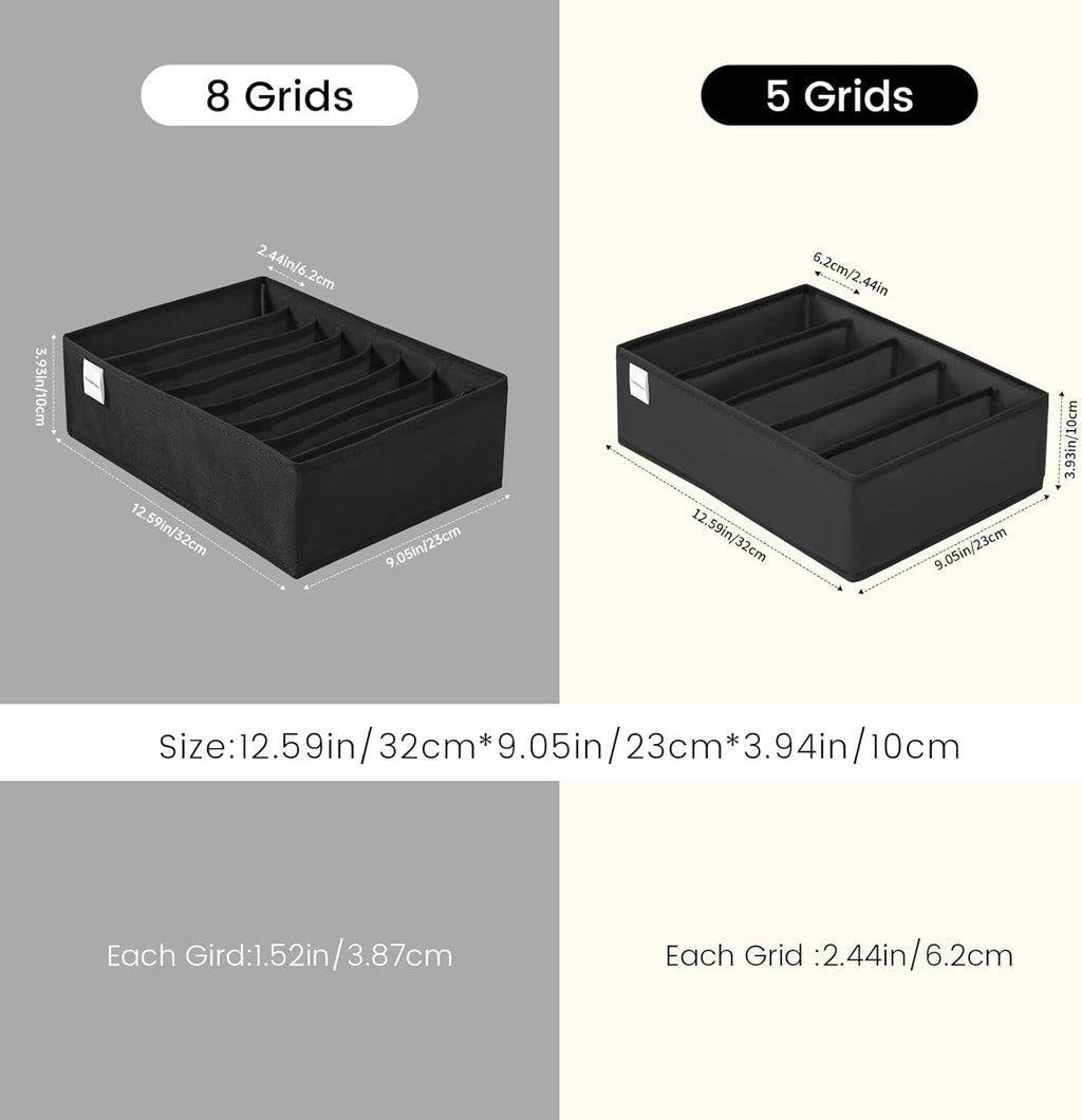 4 Packs T-shirt Drawer Organizers for Clothing,5 Grids Compartment Wardrobe Storage Box, Washable Clothes Organizer for Folded Clothes, T-shirt, Legging, Silk Scarve-Black
