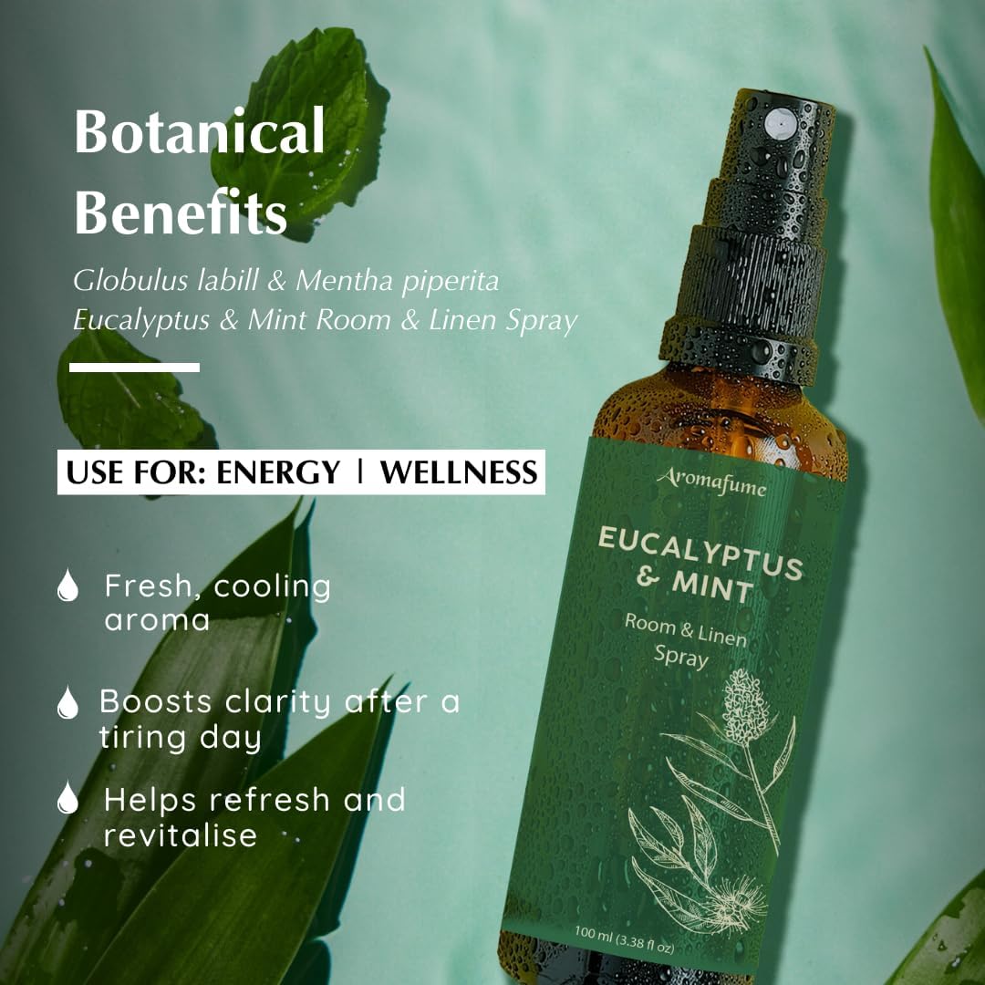 Eucalyptus & Mint Room, Linen & Pillow Spray by Aromafume | 100ml/3.38fl oz | with Pure Eucalyptus & Mint Essential Oil | Aromatherapy | Mist for Bedding, Fabrics