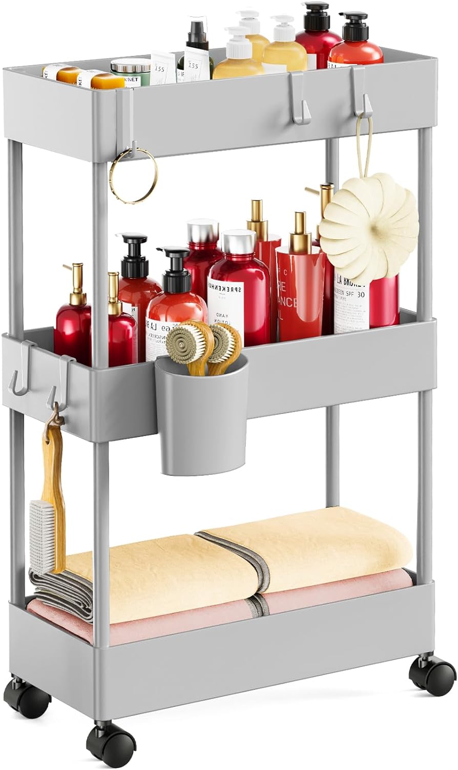 Pipishell Slim Storage Cart with Wheels - 3 Tier Bathroom Organizers and Storage Cart - Rolling Carts for Bathroom, Kitchen, Narrow Space, Laundry Room,Grey