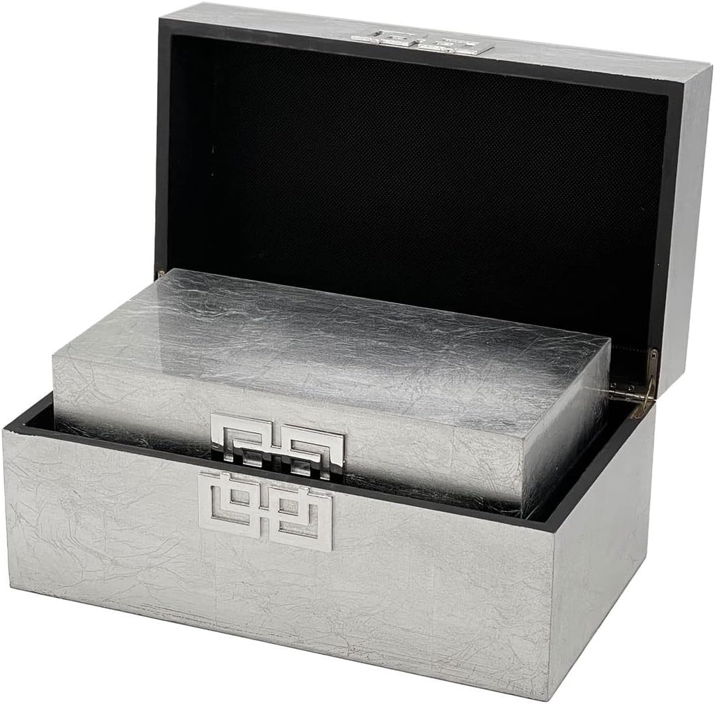 Galt International Storage Box Set Decorative Storage Box w/Hinged Lid Classic Design Wood Decor Boxes with Geometric Clasp Storage for Bedroom & Home - Set of 2 (Silver)