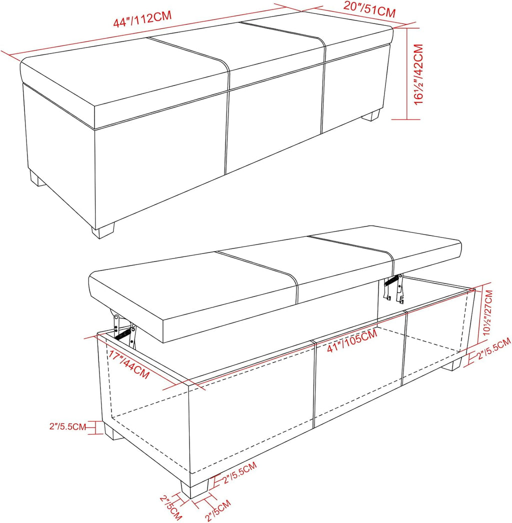 SIMPLIHOME Avalon 44 inch Wide Contemporary Rectangle Lift Top Rectangular Storage Ottoman in Tanners Brown Vegan Faux Leather, Assembled, for the Living Room, Entryway and Family Room.