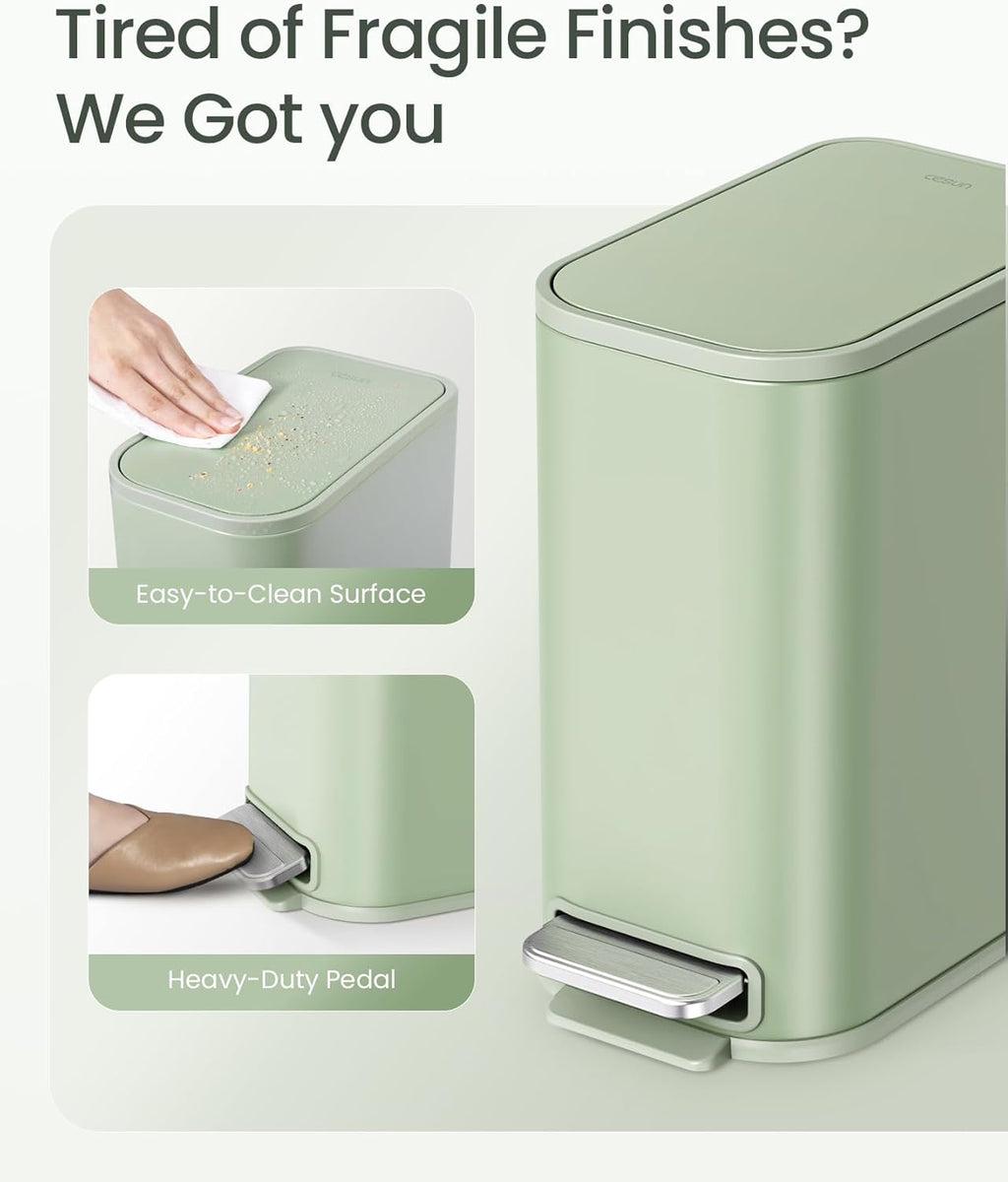 Cesun Small Bathroom Trash Can with Lid Soft Close, Step Pedal, 5 Liter / 1.3 Gallon Stainless Steel Garbage Can with Removable Inner Bucket, Waste Basket for Bathroom, Bedroom (Green)