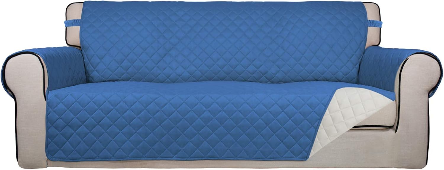 PureFit Reversible Quilted Sofa Cover, Water Resistant Slipcover Furniture Protector, Washable Couch Cover with Non Slip and Elastic Straps for Kids, Dogs, Pets (Sofa, Blue/Ivory)