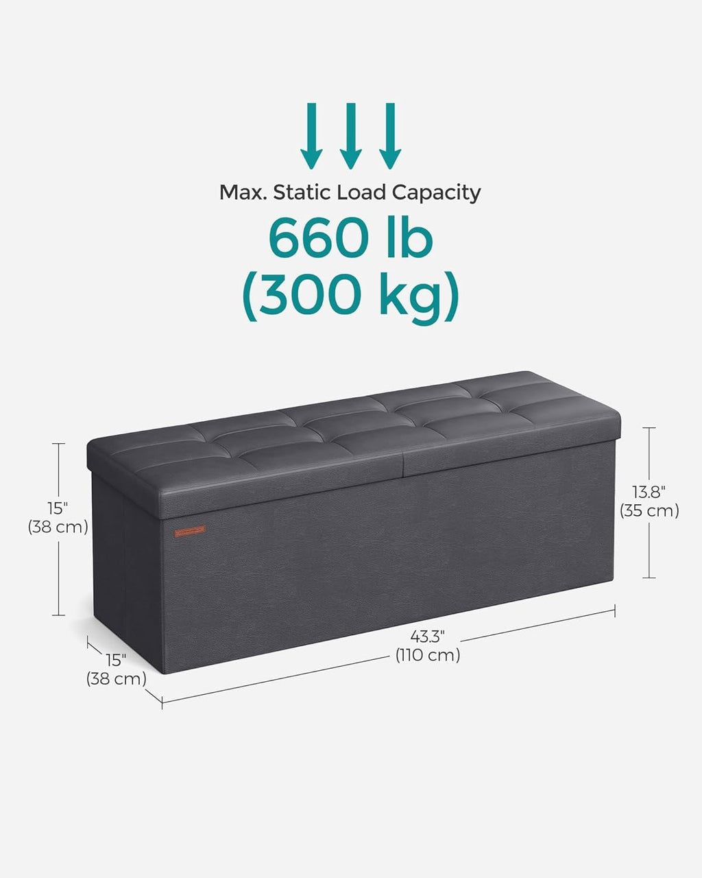 SONGMICS MAZIE Collection - 43 Inches Storage Ottoman Bench with Flipping Lid, Storage Chest with Iron Frame Support, Load 660 lb, for Living Room, Bedroom, Synthetic Leather, Dark Gray ULSF075G01