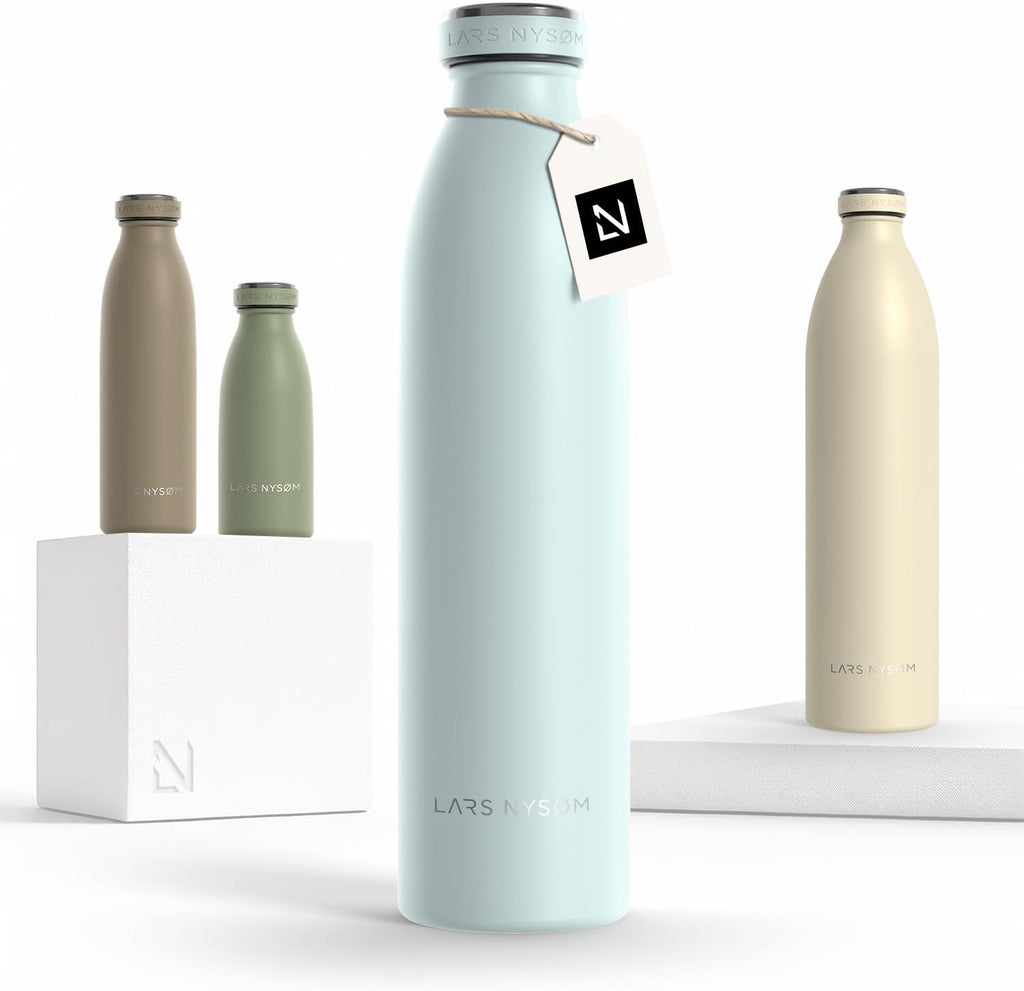 LARS NYSØM Stainless Steel Insulated Water Bottle 12oz 17oz 25oz 34oz 51oz | Insulated Thermo Flask for Hot and Cold Beverages | Leakproof Drinking Bottle (Misty Blue, 25.4oz)